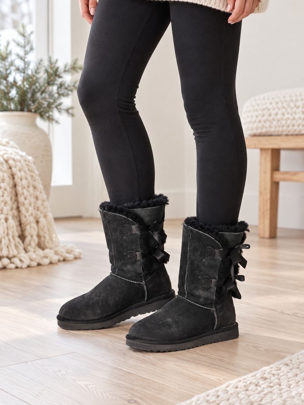 UGG Black Suede Mid-Calf Boots with Bows On The Back